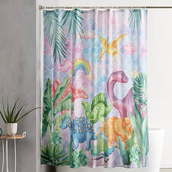 AILONEN Girls Dinosaur Shower Curtain 36" W*72" H for Bathroom,Cute Dinosaur Bathroom Shower for Kids Girls,Cartoon Dinosaur Rainbow Bath Curtain Polyester Waterproof Shower Curtain with Hooks