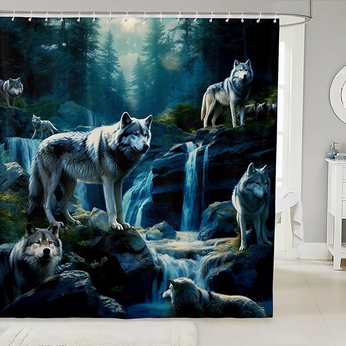 Feelyou Wolf Bath Curtain Wolves Howling Shower Curtain for Kids Silent woles Bathroom Shower Curtain Set Animal Wolves Kids Bathroom Accessories 72"x78"
