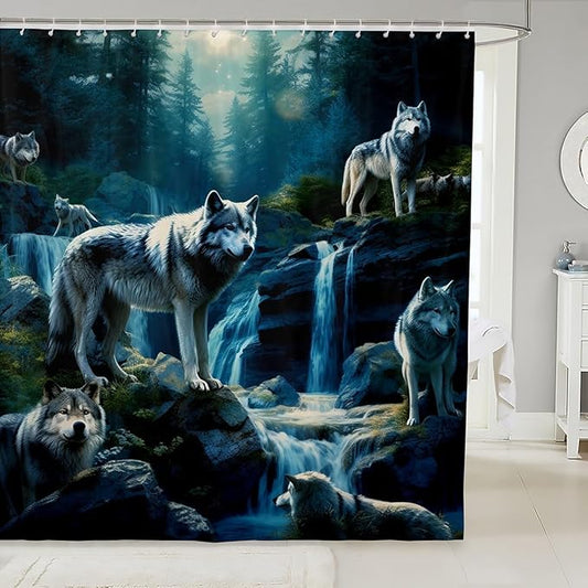 Feelyou Wolf Bath Curtain Wolves Howling Shower Curtain for Kids Silent woles Bathroom Shower Curtain Set Animal Wolves Kids Bathroom Accessories 72"x72"