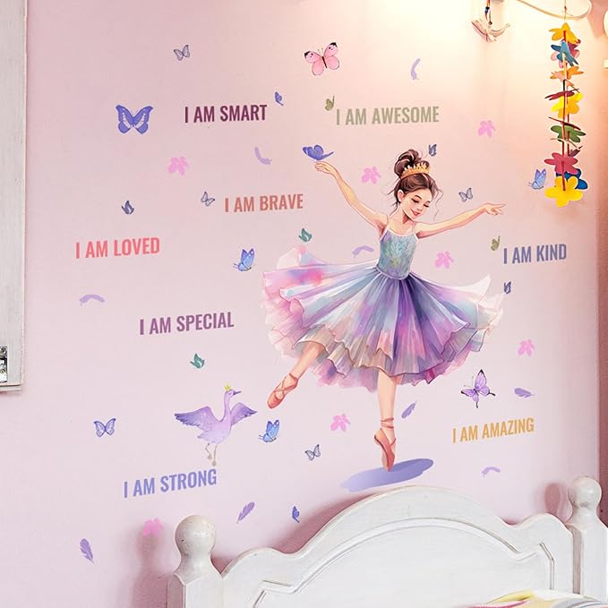 Butterfly Girl Wall Decals with Quotes, Colorful Butterflies and Motivational Lettering, Wall Stickers for Nursery, Girl Bedroom or Dance Room (MS7109)