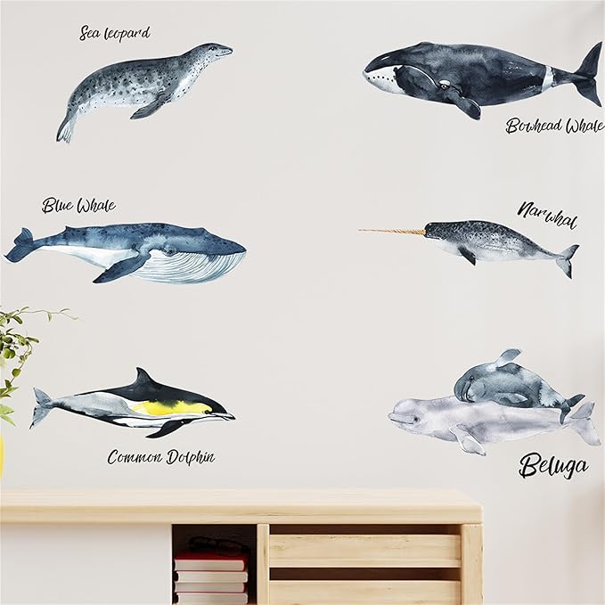 Removable Vinyl Whale Wall Decal Sea Life Wall Sticker Decor Nursery Kidsroom School Classroom Livingroom Bedroom Bathroom Coastal Ocean Fish Murals Decals