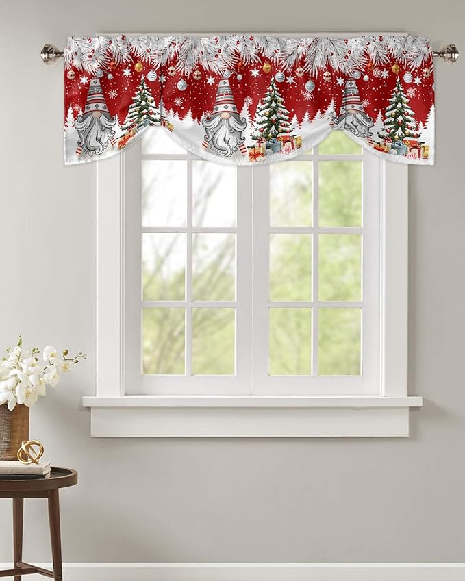 Christmas Gnome Blackout Tie Up Valance Curtains for Kitchen Windows Winter Merry Christmas Tree Balls Window Toppers Balloon Shades for Living Room/Bathroom/Bedroom,1 Panel, 54" X 18", Red