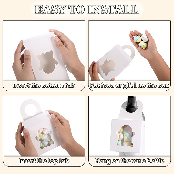 Megitzuu 30PCS Wine Bottle Box with Window, Kraft Paper Wine Boxes for Halloween Gifts Hanging Pumpkin Treat Box Mini Charcuterie Boxes Wine Bottles Gift Bags Goodies Candy Box Party Favor (White)
