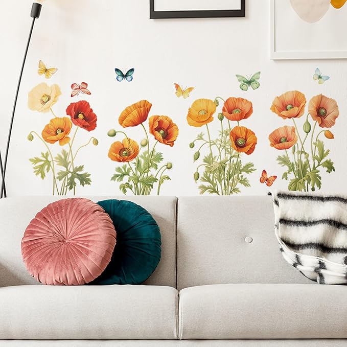 Poppies Wall Stickers for Kids Bedroom -Butterfly Flowers Wall Decals for Girls Room,Classroom,Nursery, Playroom- Removable DIY Peel and Stick Wall Art Decor