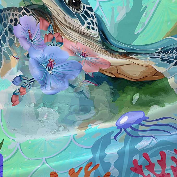 AILONEN Cartoon Sea Turtle Shower Curtain,Kawaii Sea Animal Bathroom Curtains for Kids,Girls,Watercolor Green Ocean Theme Shower Curtains Set with Hooks for Bathroom,72" W*72" H