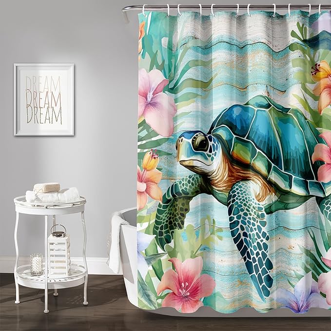 AILONEN Cute Sea Turtle Shower Curtain,Cartoon Beautiful Turtle with Flowers Shower Curtain Set for Bathroom,Ocean Animal Waterproof Fabric Shower Curtain with Hooks,72" W*72" H