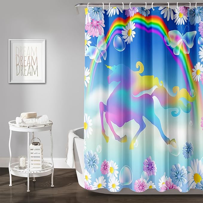 AILONEN Unicorn Shower Curtain, Kawaii Rainbow Unicorn Theme Bathroom Decor,Colorful Flower Butterfly Waterproof Fabric Shower Curtain Set for Girls Teens Kids,72" W*96" H