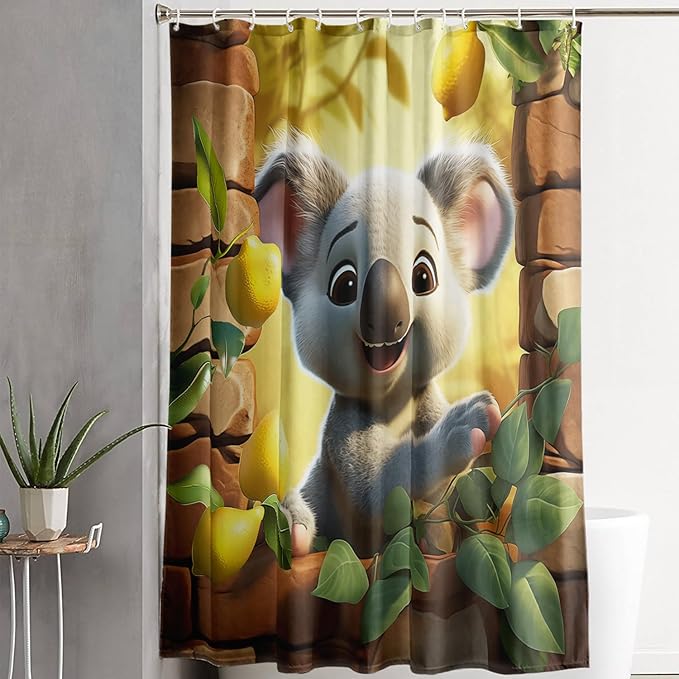 AILONEN Cartoon Koala Shower Curtain for Kids,Kawaii Lemon Koala Shower Curtain for Bathroom,Lovely Animals Shower Curtain Set with Hooks,36" W*72" H