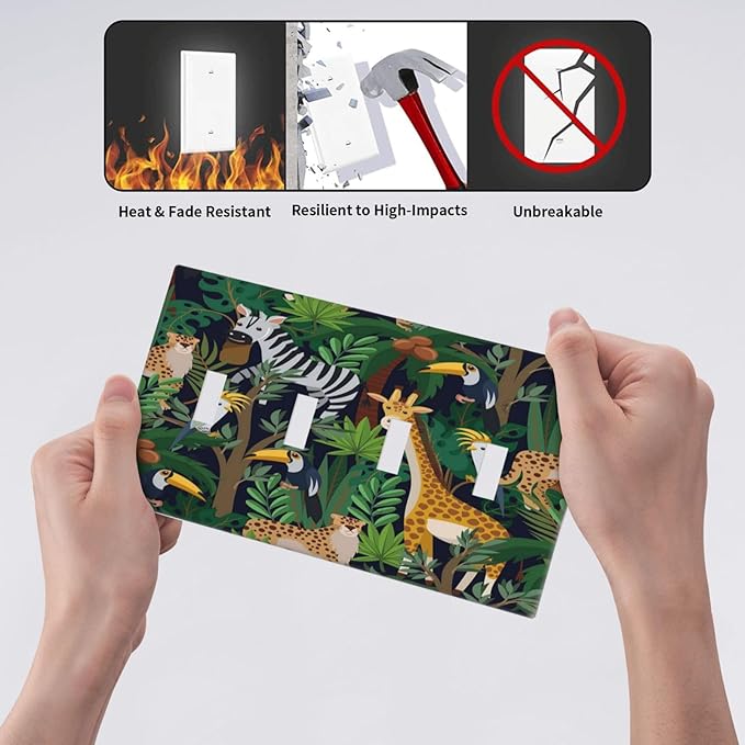 Cartoon Animal Zebra Leopard Giraffe Bird Leaf Quad Toggle Nursery Light Switch Covers Decorative 4 Gang Wall Plate Electrical Faceplate Switchplate for Kidroom Bedroom Bathroom Decor