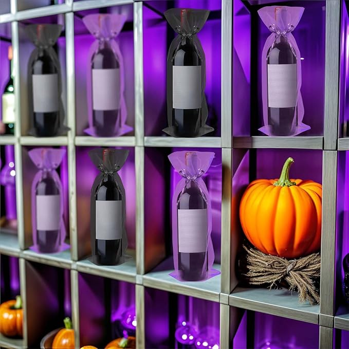 Megitzuu 20 Pieces Organza Wine Bags, 14.6 x 5.5 Inch Wine Gift Bag with Drawstring Sheer Mesh Wine Gift Pouches Bottle Covers for Halloween Christmas Wedding Party Favors (Black+Purple)