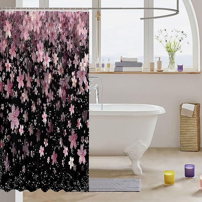 Feelyou Cherry Blossoms Shower Curtain 72"x72" Kids Sakura Flower Bathroom Shower Curtain Set for Boys Girls Teens Romantic Floral Botanical Bath Curtain Pink Black Bathroom Accessories