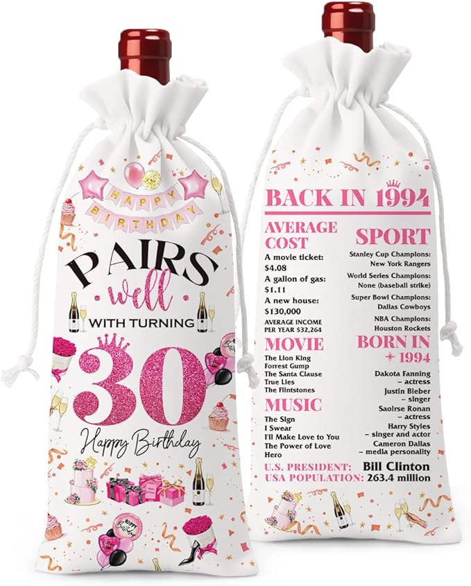 30th Birthday Gifts for Her Women Men Wine Bag, 30 Year Old Birthday Gifts for Women Men, Happy 30th Birthday Party Decorations for Her Him, Pairs Well with Turning 30 Wine Bags (White Pink)