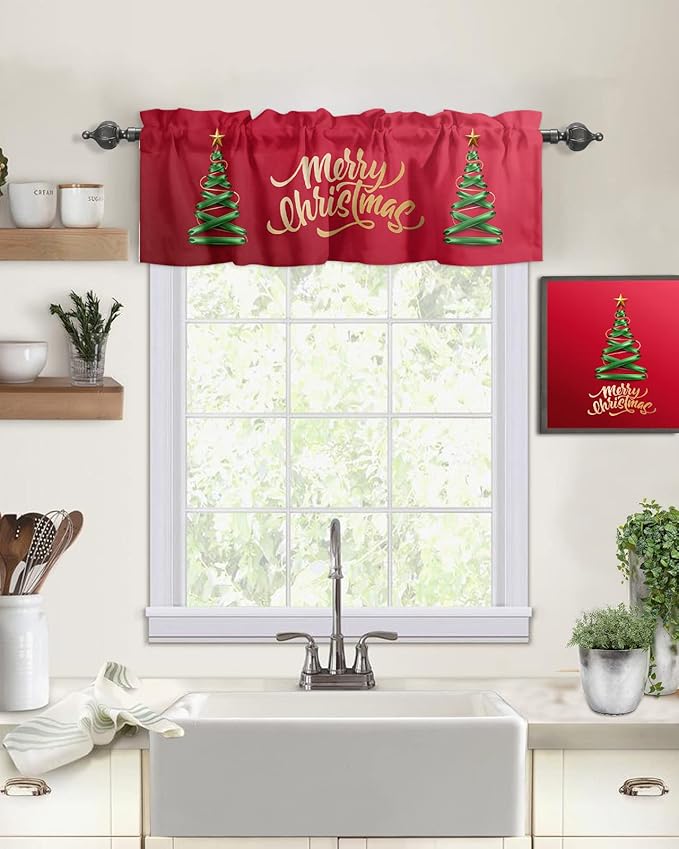 Vandarllin Merry Christmas Kitchen Curtains Valances for Windows Christmas Tree Rod Pocket Window Treatment for Kitchen/Living Room/Bedroom/Bathroom,42" X 12" -1 Panel, Winter Holidays