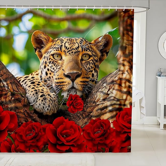 Feelyou Rose Leopard Shower Curtain Leopard Bath Curtain Boys Leopard Bathroom Shower Curtain Set Kids Toddler Wild Leopard Kids Bathroom Accessories Wildlife 72"x78"