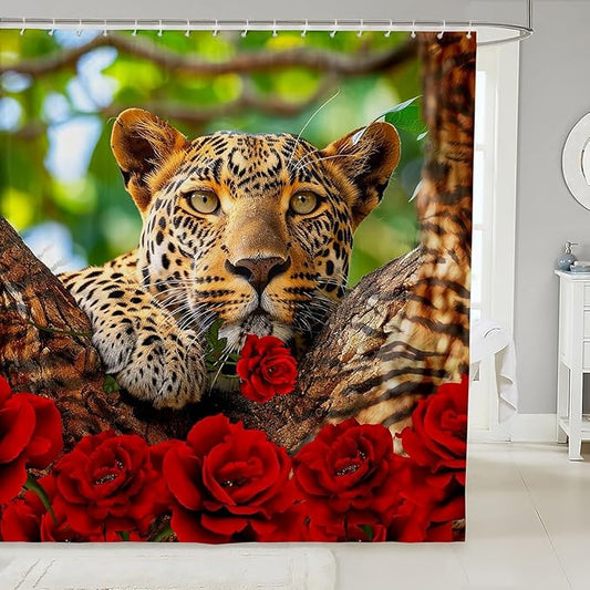 Feelyou Rose Leopard Shower Curtain Leopard Bath Curtain Boys Leopard Bathroom Shower Curtain Set Kids Toddler Wild Leopard Kids Bathroom Accessories Wildlife 72"x84"