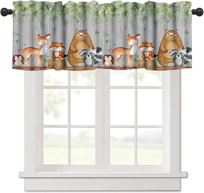 Cartoon Window Valance, Kids Woodland Animal Print Bears Deer Trees Leaves Forest Kitchen Valance for Living Room Nursery Bedroom Nursery Decor with Rod Pocket 54x18 Inch, 1 Panel
