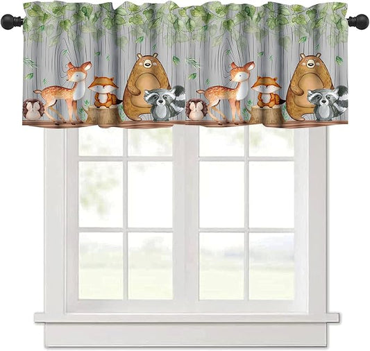 Cartoon Window Valance, Kids Woodland Animal Print Bears Deer Trees Leaves Forest Kitchen Valance for Living Room Nursery Bedroom Nursery Decor with Rod Pocket 54x18 Inch, 1 Panel