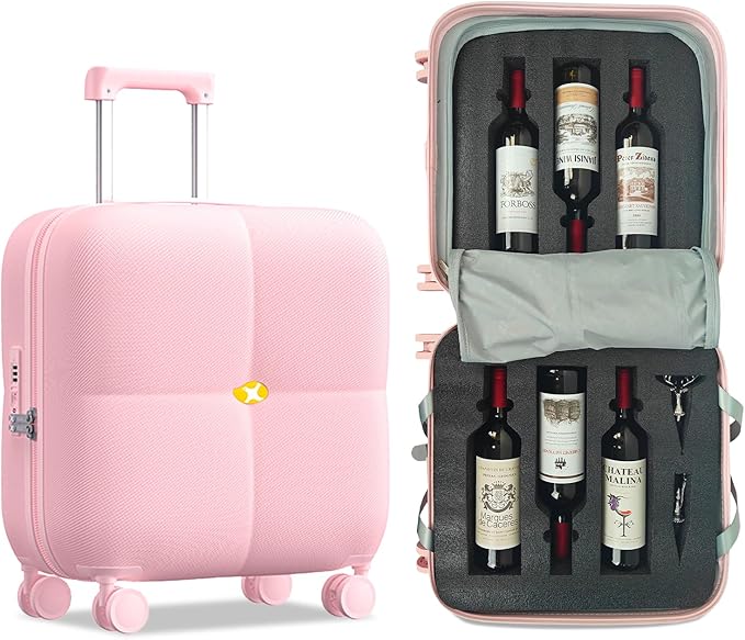 Wine Suitcase, 6 Bottle Wine Luggage, Durable Wine Travel Case, Fly With Wine Suitcase with TSA Lock, Versatile Wine Carrier with Removable Inserts and Silent Spinner Wheels（Pink）