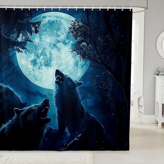 Feelyou Wolf Bath Curtain Wolves Howling Shower Curtain for Kids Freice woles Bathroom Shower Curtain Set Animal Wolves Kids Bathroom Accessories 72"x78"