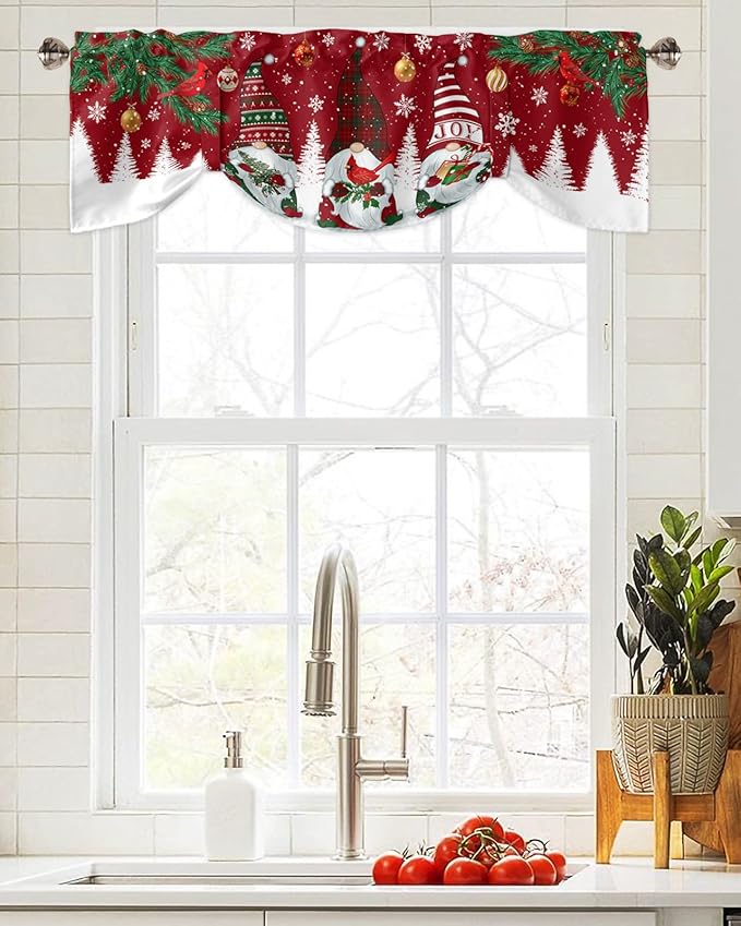 Christmas Gnomes Blackout Tie Up Valance Curtains for Kitchen Windows Red Winter Holidays Window Toppers Balloon Shades for Living Room/Bathroom/Bedroom,1 Panel,42" X 18" White Snowflakes Xmas Trees