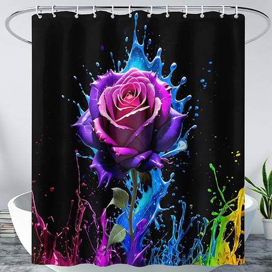 AILONEN Purple Rose Flower Shower Curtain for Bathroom,Splash-Ink Rose Bath Curtain for Kids Girls Women,Romantic Minimalism Curtain Waterproof with 12 Plastic Hooks, 72" W*84" H