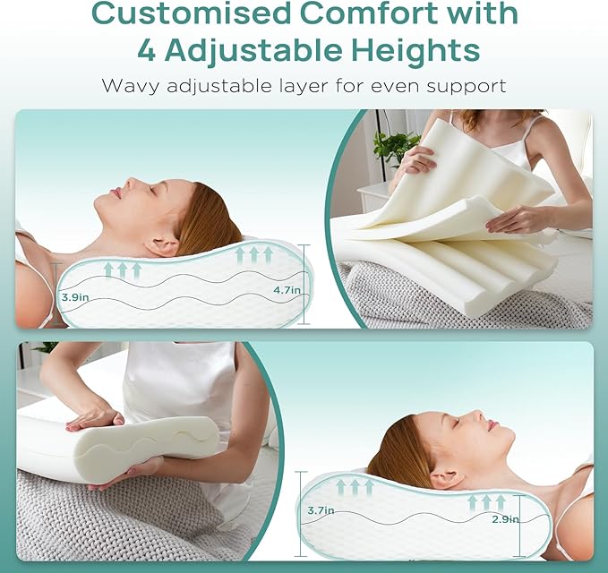 Cervical Neck Pillow, Side Sleeper Pillow for Neck Pain Relief, Adjustable Contour Pillow for Sleeping, Ergonomic Memory Foam Pillow, Orthopedic Cooling Pillow Back Stomach Sleeping, Queen Size