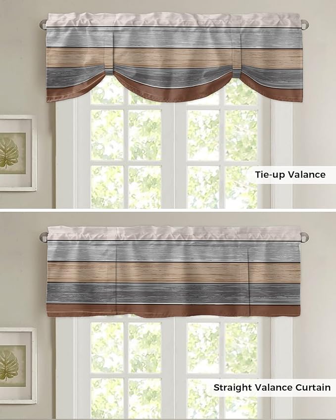 Farmhouse Fall Blackout Tie Up Valance Curtains for Kitchen Windows, Brown Grey Window Toppers Balloon Shades for Living Room/Bathroom/Bedroom,1 Panel,42" X 12" Retro Rustic Barn Wood Texture