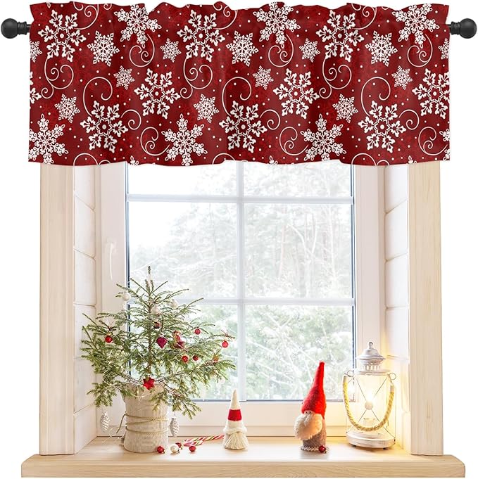 Christmas Valance Curtains for Kitchen Windows Red White Snowflakes Pattern Rod Pocket Window Treatment Toppers for Kitchen/Living Room/Bedroom/Bathroom, 60" X 18", Winter