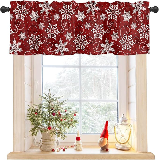 Christmas Valance Curtains for Kitchen Windows Red White Snowflakes Pattern Rod Pocket Window Treatment Toppers for Kitchen/Living Room/Bedroom/Bathroom, 60" X 18", Winter