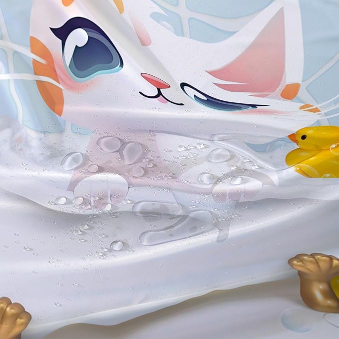 AILONEN Cartoon Bathtub Cat Shower Curtain for Kids 48" W*72" H Kawaii Shower Kitten and Duck Shower Curtain,Polyester Waterproof Fabric Decor for Bathroom Bathtub Panels