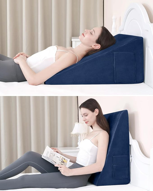 Wedge Pillow for Sleeping, 12 Inch Bed Wedge Pillow for After Surgery, Acid Reflux, Memory Foam Top Triangle Pillow Wedge for Head, Back, Leg with Machine Washable Cover-Blue