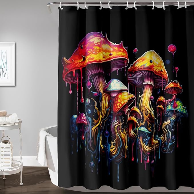 AILONEN Mushroom Shower Curtain,Oil Painting Mushroom Bath Curtain,Cartoon Mushroom Magic Fungus Print Black Waterproof Shower Curtain with 12 Plastic Hooks, 60" W x 72" H