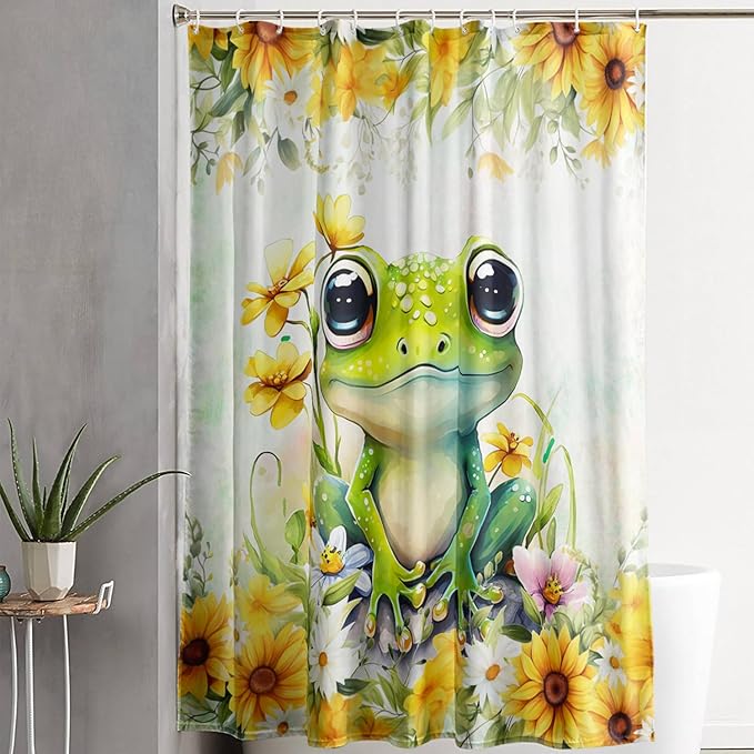 AILONEN Green Frog Shower Curtain,Cute Cartoon Frog Waterproof Fabric Shower Curtain for Bathroom,Beautiful Sunflower Kawaii Tree Frog Shower Curtain Set with Hooks for Kids Boys Girls,72" W*96" H
