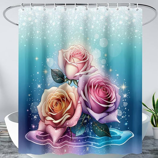 AILONEN Rose Shower Curtain for Bathroom Decor,Galaxy Pink Rose Bath Curtain Gifts for Girls Women,Modern Minimalism Curtain,Polyester Waterproof with 12 Plastic Hooks, 36" W*72" H