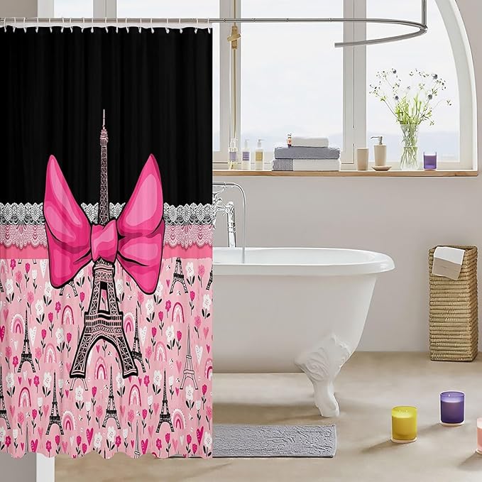 Feelyou Eiffel Tower Shower Curtain 72"x72" Kids Romantic Paris Bowknot Bathroom Shower Curtain Set for Boys Girls Teens Black Pink Bath Curtain Modern French Bathroom Accessories