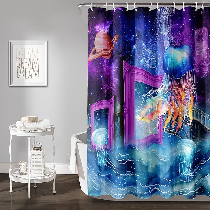 AILONEN Colorful Jellyfish Shower Curtains,Purple Galaxy Bath Curtains,Planet Jellyfish Curtains for Kids Boys Girls,Polyester Waterproof for Bathroom with 12 Hooks,48" W*72" H Purple