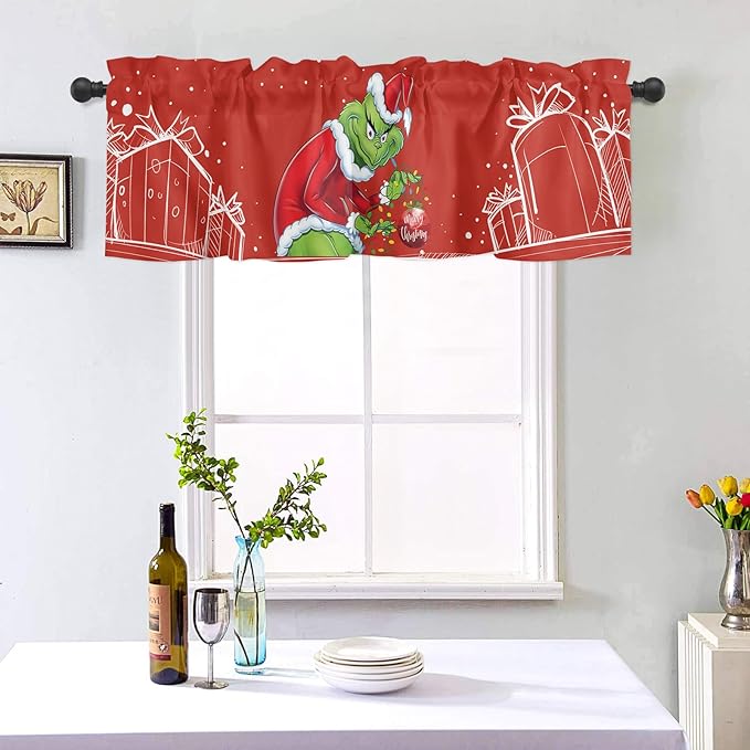 Grin-ch Window Valance for Kitchen Living Room Merry Grinchmas Window Curtain for Bedroom Christmas Window Valance Rod Pocket Window Treatment Christmas Window Decorations, 54" W x 18" L