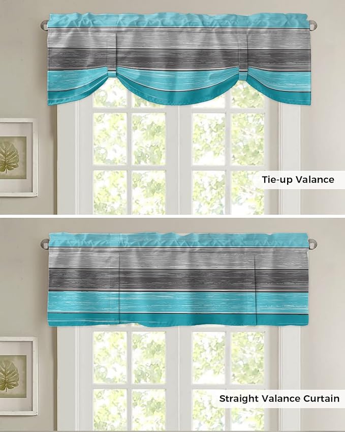 Farmhouse Blackout Tie Up Valance Curtains for Kitchen Windows, Aqua Blue Gray Window Toppers Balloon Shades for Living Room/Bathroom/Bedroom,1 Panel,54" X 18" Retro Rustic Barn Wood Texture