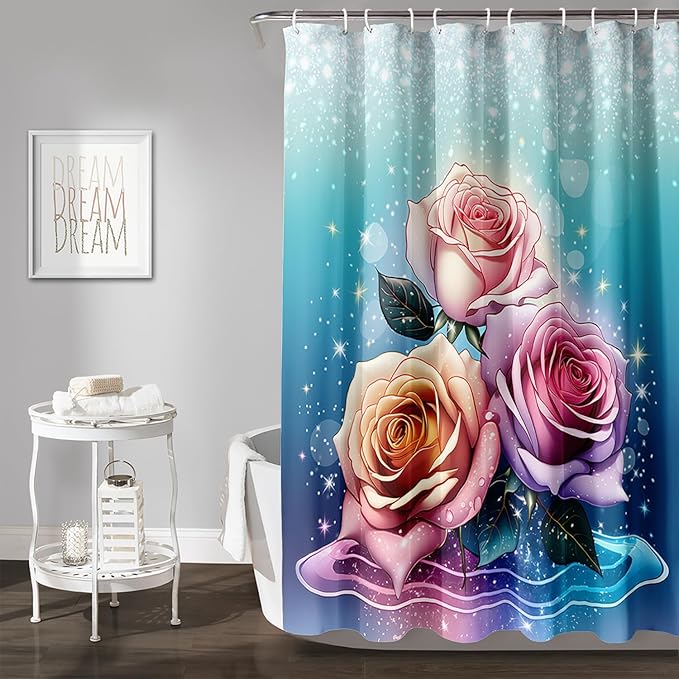 AILONEN Rose Shower Curtain for Bathroom Decor,Galaxy Pink Rose Bath Curtain Gifts for Girls Women,Modern Minimalism Curtain,Polyester Waterproof with 12 Plastic Hooks, 72" W*72" H