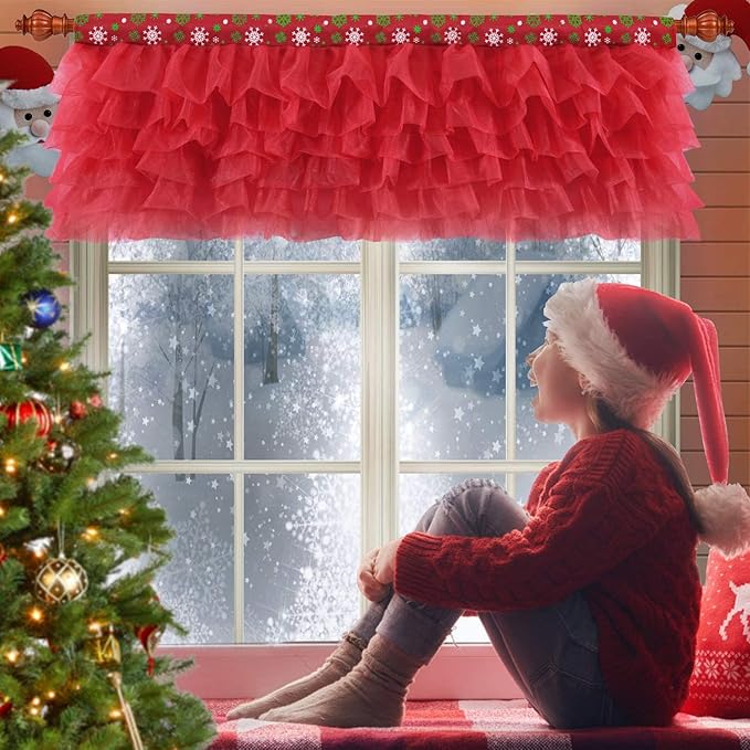 Red Valance Tulle Valance Curtains for Kitchen Girl Bedroom Windows Baby Living Room Nursery Door Bathroom Christmas Decorations 52" × 16"