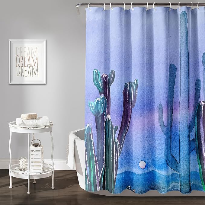 AILONEN Watercolor Cactus Shower Curtain,Blue-Purple Dreamy Theme Bathroom Fabric Shower Curtain for Boys Kids Teens, 36" W*72" H Night Cactus Forest Bathroom Decor