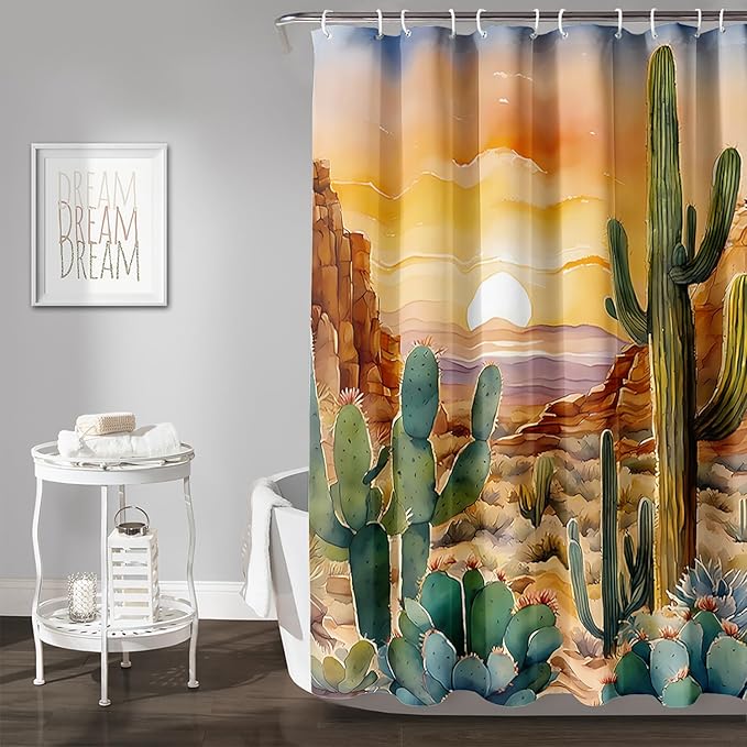 AILONEN Watercolor Cactus Shower Curtain,Orange Succulent Flower Waterproof Shower Curtains Set for Boys Kids Teens, 48" W*72" H Sunset Mountains Cactus Forest Shower Curtain