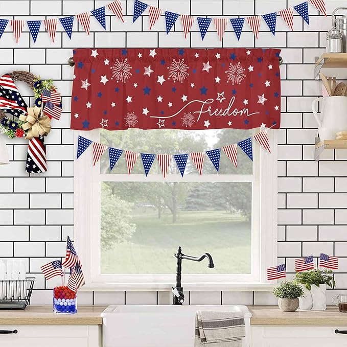 Patriotic 4th of July Kitchen Curtains Valances for Windows Red White Blue Stars Freedom Rod Pocket Window Treatment for Kitchen /Living Room/Bedroom/ Bathroom, 42" X 12", Memorial Day Summer