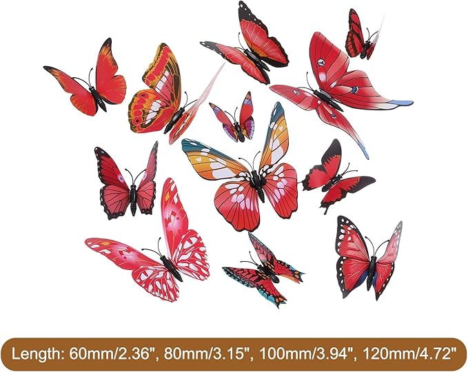 uxcell 120Pcs 3D Beautiful Butterfly Removable DIY Wall Stickers for Bedroom TV Background Decorations, Red