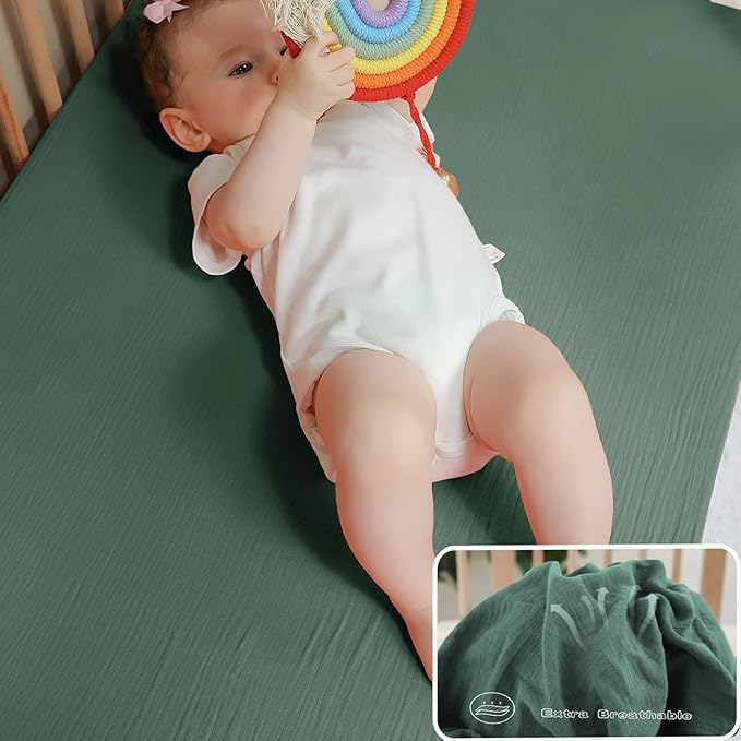 Muslin Fitted Crib Sheets for Baby Neutral Fit Standard Crib Toddler Mattress(28"x 52") 100% Organic Cotton Sheets Soft and Breathable Boho Bedding (Bottle Green&Neutral Gray)