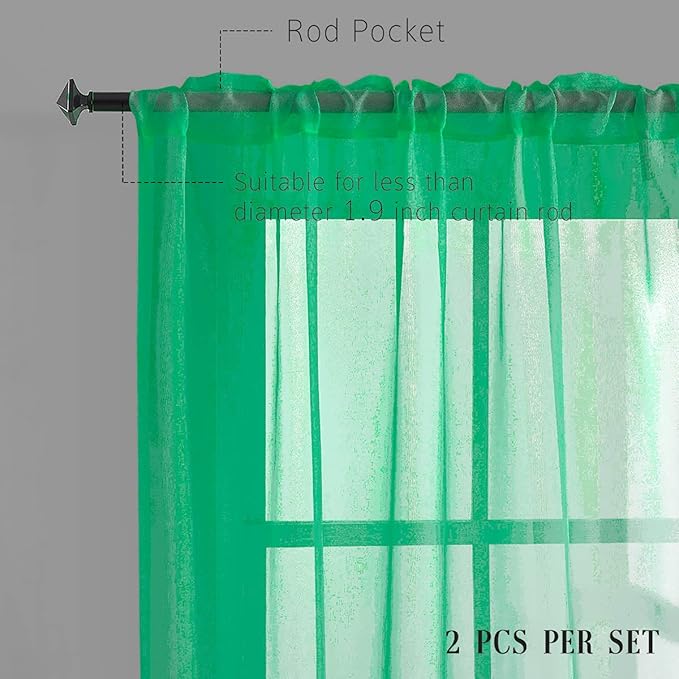 Green Sheer Curtains 84 Inch Length for Bedroom, Soft Textured Rod Pocket Sheer Voile Curtain Panels, Light Filtering Green Sheer Drapes for Living Room 52 x 84 Inches Long 2 Panels