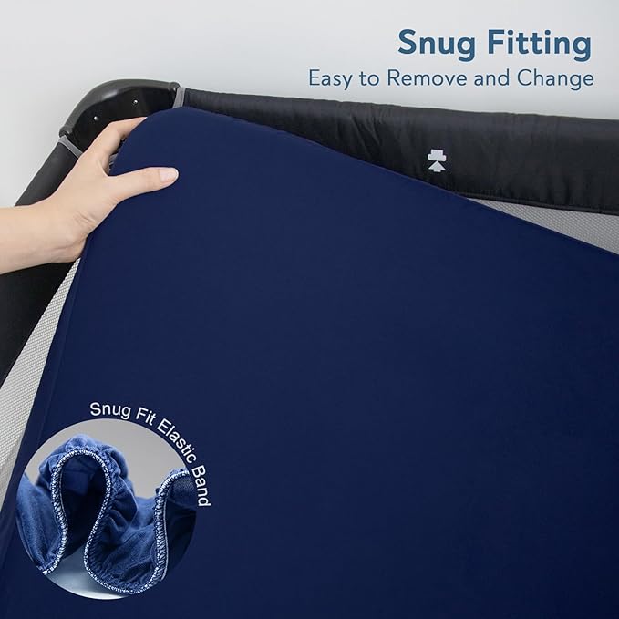 Waterproof Pack and Play Sheets Fitted 2 Pack, Compatible with Graco Pack n Play Sheets 38" X 26" Fits for Baby Playpen/Playard Mattress, Mini Crib Sheets for Boys or Girls, Grey & Navy