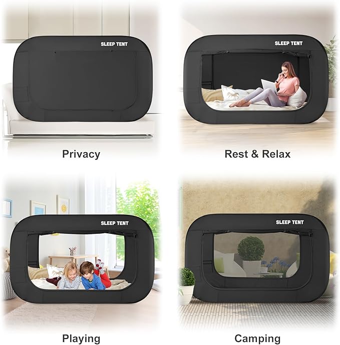 BORNA Bed Canopy Bed Tent Dream Tents Autism Shelter Cabin Indoor Sleeping Tents Privacy Warm Breathable Pop Up Twin Size Double Door with Mosquito Mesh Window for Kids and Adult (Black)