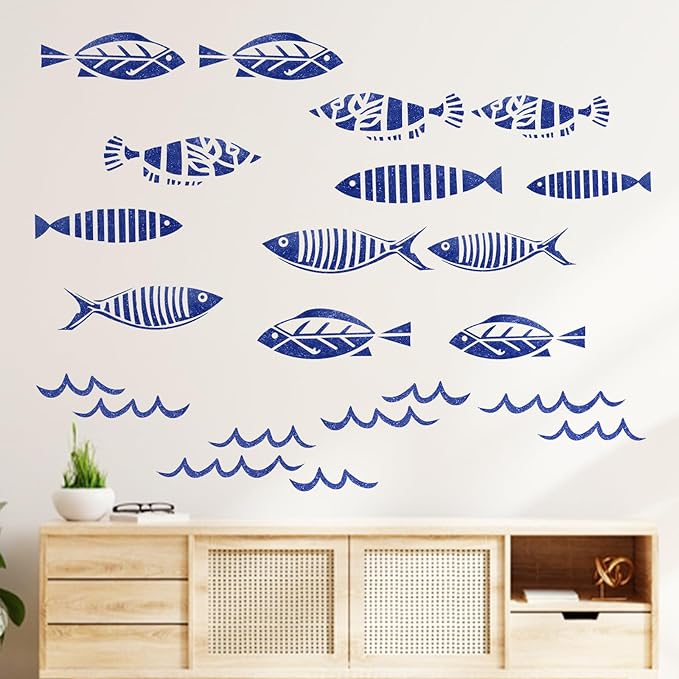 Mfault Under The Sea Blue Fish Wall Decals Stickers, Coastal Ocean Minimalist Nursery Decorations Kids Bedroom Art, Beach Nautical Neutral Toddlers Room Living Room Decor