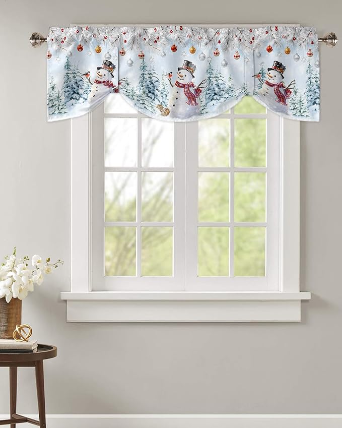Snowman Blackout Tie Up Valance Curtains for Kitchen Windows Blue Merry Christmas Tree Red Balls Squirrel Window Toppers Balloon Shades for Living Room/Bathroom/Bedroom,1 Panel, 42" X 12", Winter